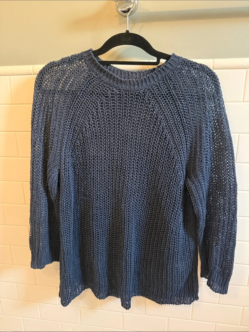 J. Crew Classic Navy Open-Knit Crewneck Sweater